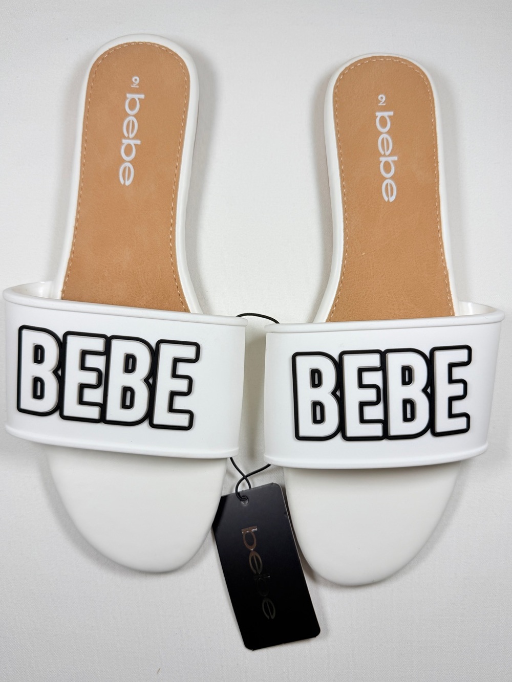 Bebe White Logo Slide Sandals Size 9 NWT